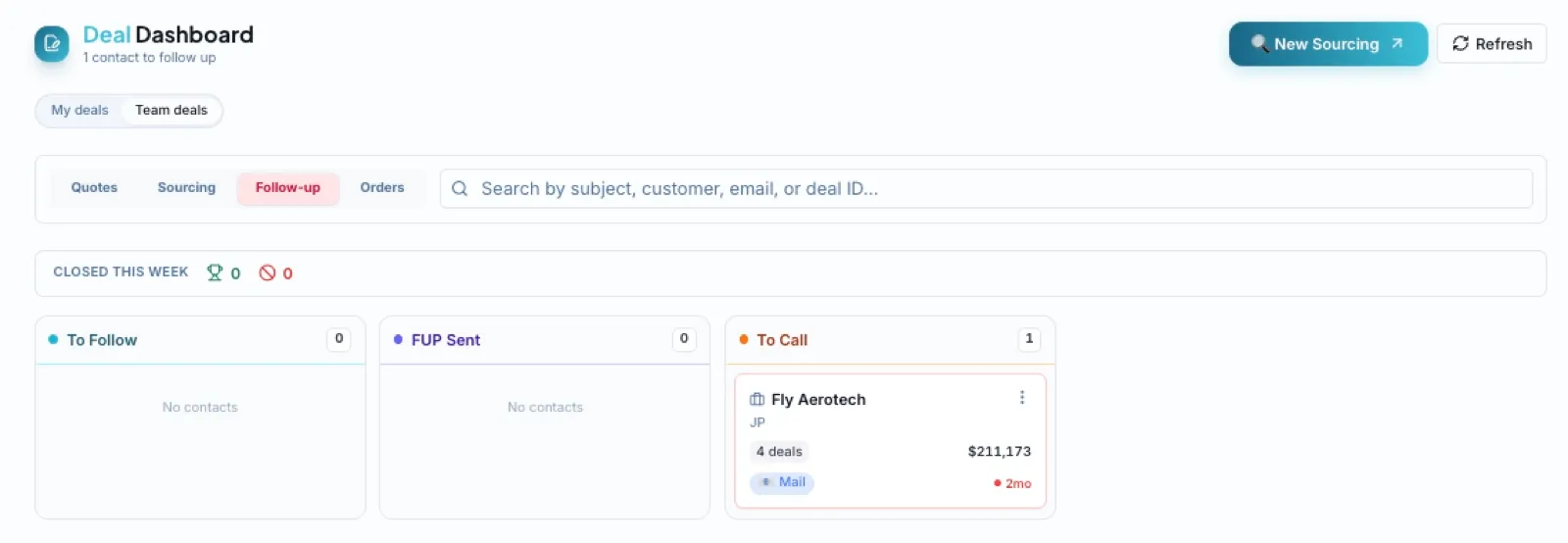 The follow-up board: a To Call card for one contact holding 4 deals, silent for two months, queued for a follow-up.