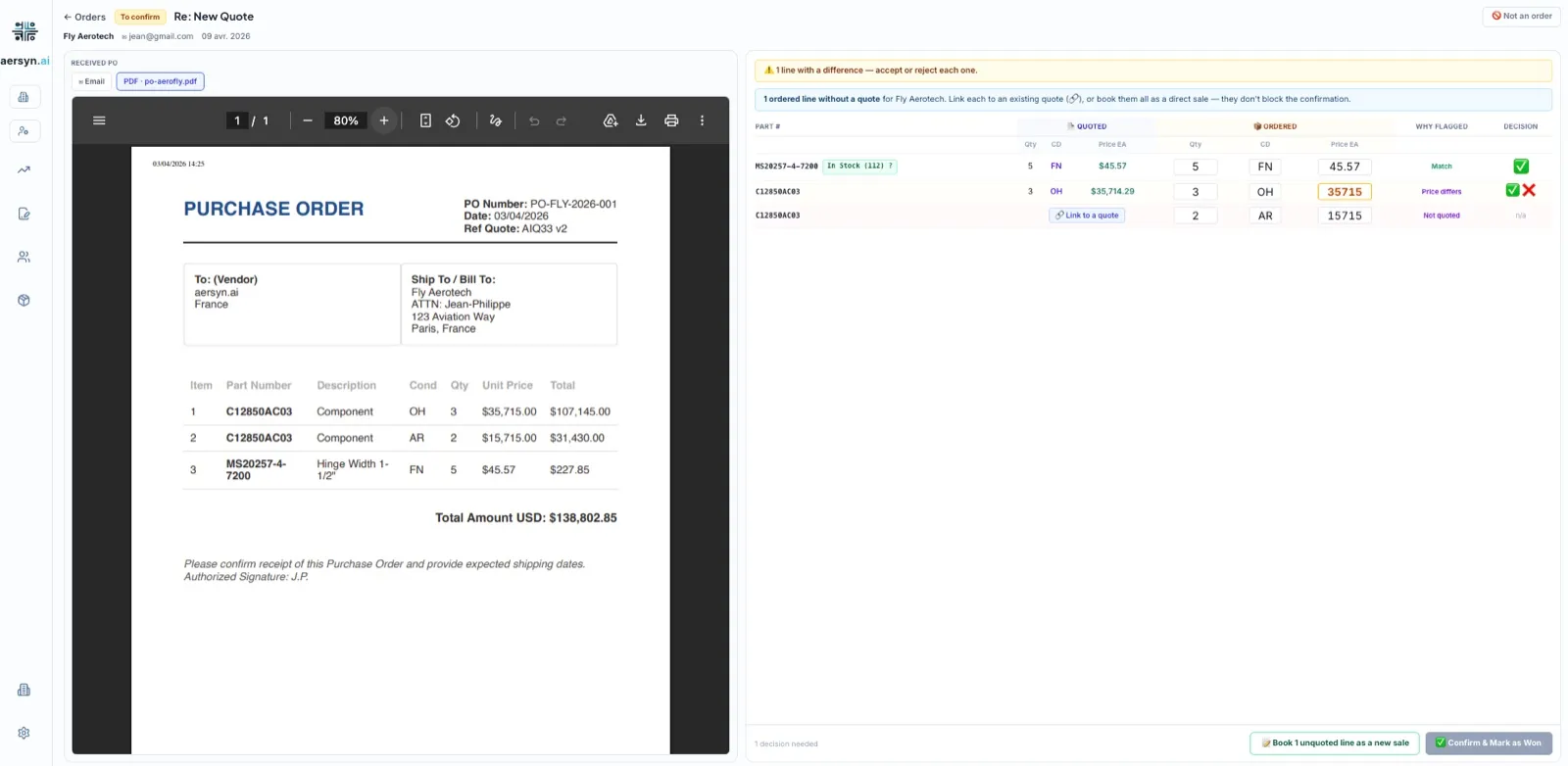 PO reconciliation: the received purchase order side by side with the quote, MS20257-4-7200 matching at $45.57, one line flagged because the ordered price differs from the quoted one.